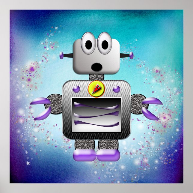 Cute Retro Robot Purple & Blue Poster (Front)