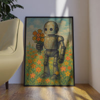 Cute Retro Robot With Flowers Wall Art Poster