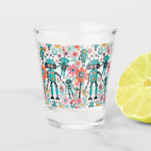 Cute Retro Robots And Flowers Shot Glass