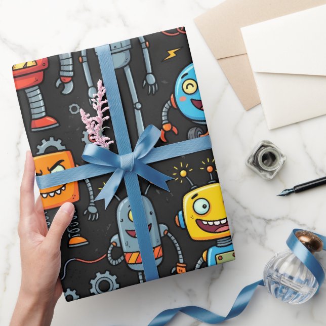 Cute Retro Robots and Monsters Pattern Wrapping Paper (Gifting)