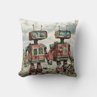 Cute Retro Robots In Love Holding Hands Cushion
