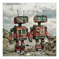 Cute Retro Robots In Love Holding Hands