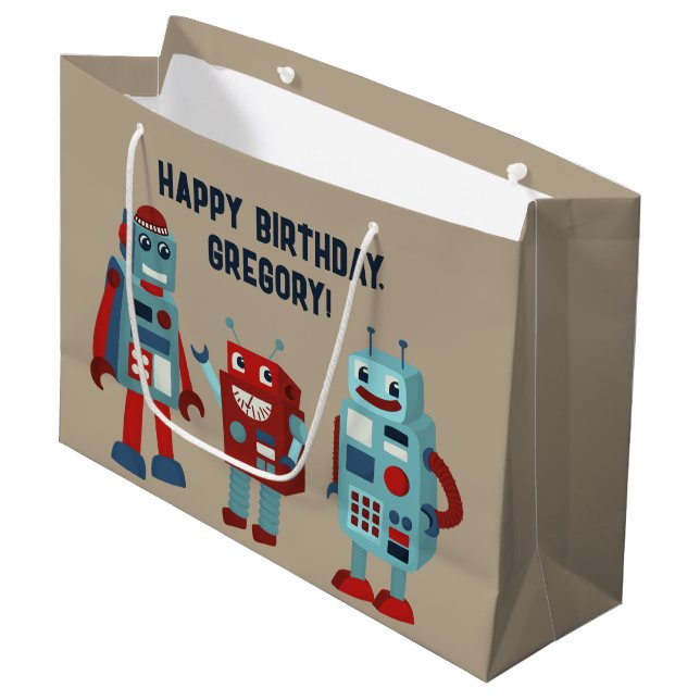 Cute Retro Robots Personalised Sci-Fi Large Gift Bag (Front Angled)