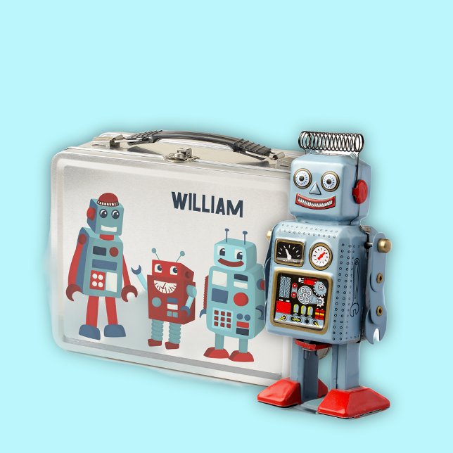 Cute Retro Robots Personalised Sci-Fi Metal Lunch Box (Creator Uploaded)