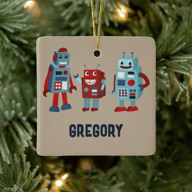 Cute Retro Robots Personalised Sci-Fi Photo Ceramic Ornament (Tree)