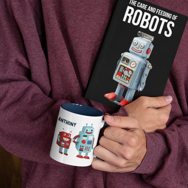 Cute Retro Robots Personalised Sci-Fi Two-Tone Coffee Mug (Creator Uploaded)