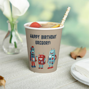 Cute Retro Robots Sci-Fi Boys Birthday Paper Cups