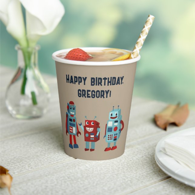 Cute Retro Robots Sci-Fi Boys Birthday Paper Cups (Insitu)