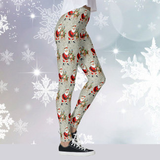 Cute Retro Santa and Reindeer Christmas Leggings