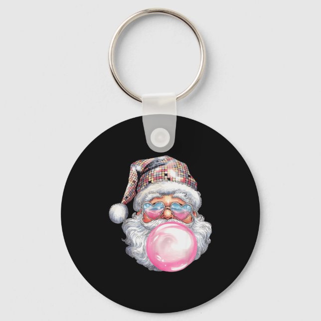 Cute Retro Santa Christmas Blowing Bubble Gum Vint Key Ring (Front)