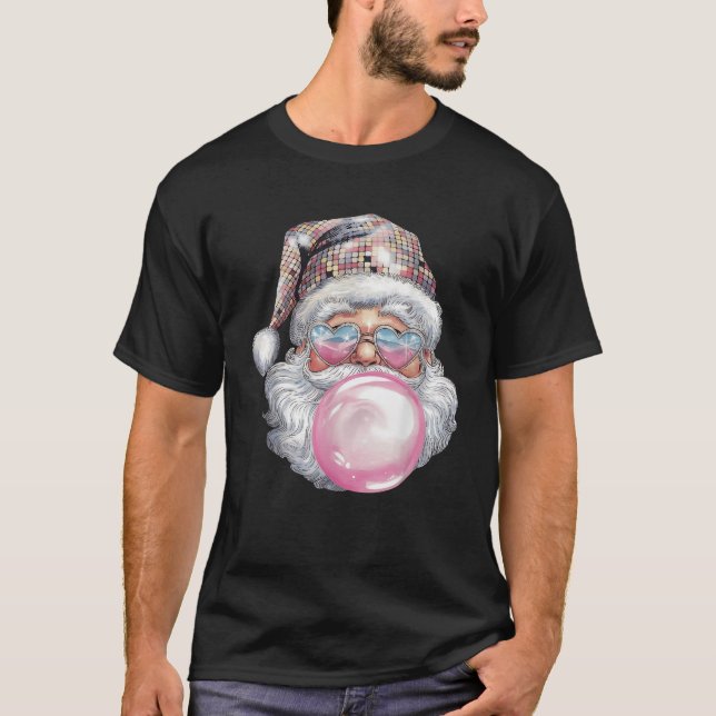 Cute Retro Santa Christmas Blowing Bubble Gum Vint T-Shirt (Front)