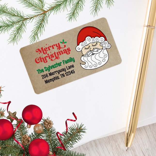 Cute Retro Santa Claus Merry Christmas  Label (Retro Santa Merry Christmas Address Labels)