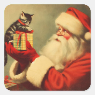Cute Retro Santa with Kitten Illustration Square Sticker