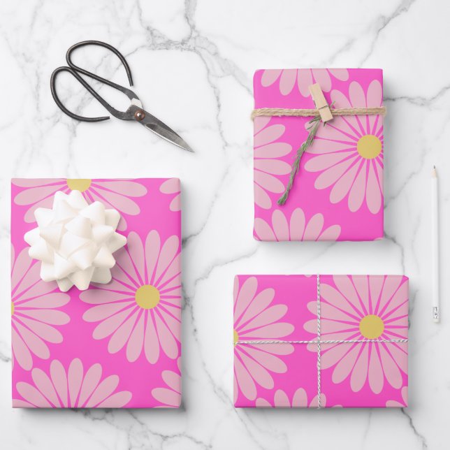 Cute Retro Scandinavian Flower Pattern in Pink Wrapping Paper Sheet (Front)