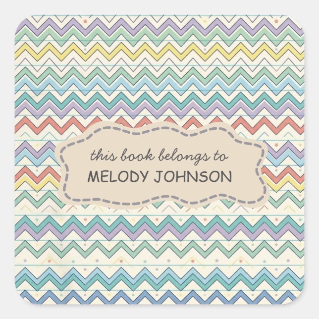 Cute Retro School Pattern Name Bookplate Square Sticker (Front)