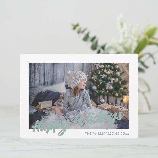 Cute Retro Script Pastel Happy Holidays Photo Holiday Card (Standing Front)