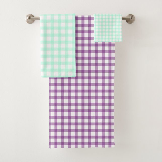 Cute Retro Sea Green Gingham Plaid pattern Bath Towel Set (Insitu)