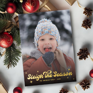 Cute Retro Sleigh The Season Photo Christmas Snow Foil Holiday Card