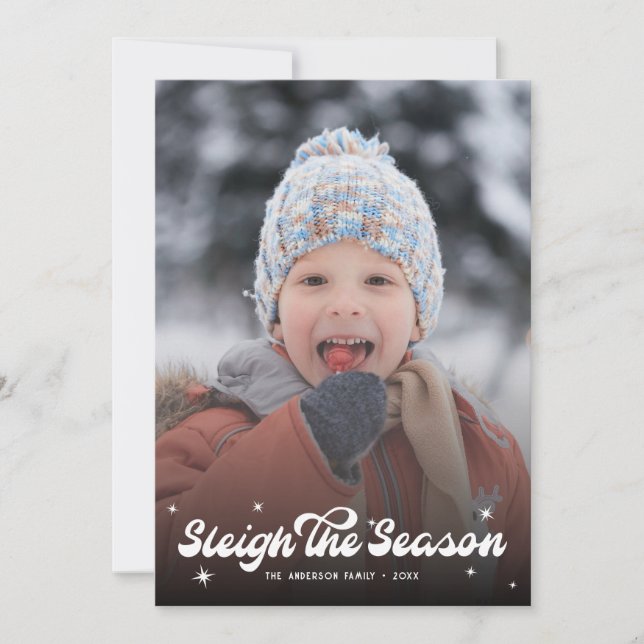 Cute Retro Sleigh The Season Photo Christmas Snow  Holiday Card (Front)