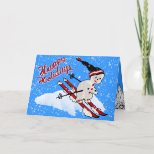 Cute Retro Snowman Skier - Happy Holidays Holiday Card