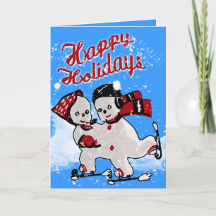 Cute Retro Snowmen Skaters - Personalised Holiday Card