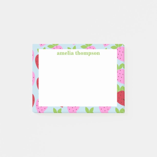 Cute Retro Strawberry Fruit Pattern Personalised Post-it Notes (Front)