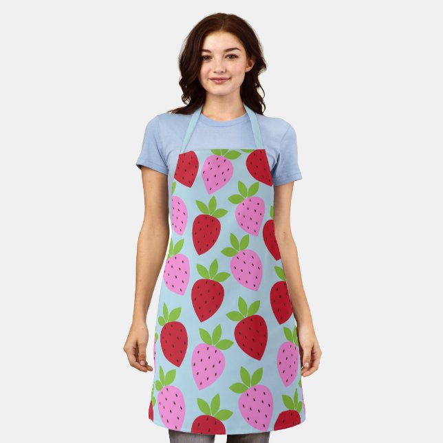 Cute Retro Strawberry Fruit Pattern Pink Red Blue Apron (Worn)