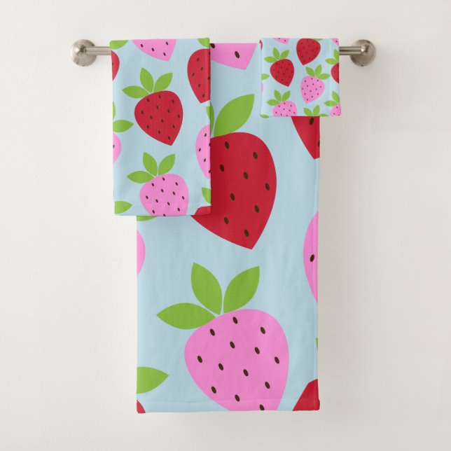 Cute Retro Strawberry Fruit Pattern Pink Red Blue Bath Towel Set (Insitu)