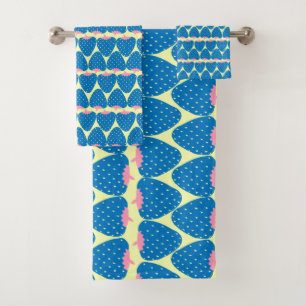 Cute Retro Strawberry Pattern in Blue and Pink Bath Towel Set