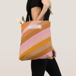 Cute Retro Stripes Pink Rust Personalised Name Tote Bag
