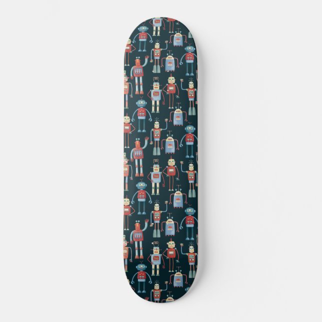 Cute Retro Style 1950s Robots Skateboard (Front)