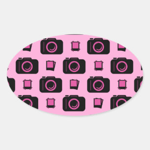 Cute Retro Style Pink Black Camera Pattern Oval Sticker