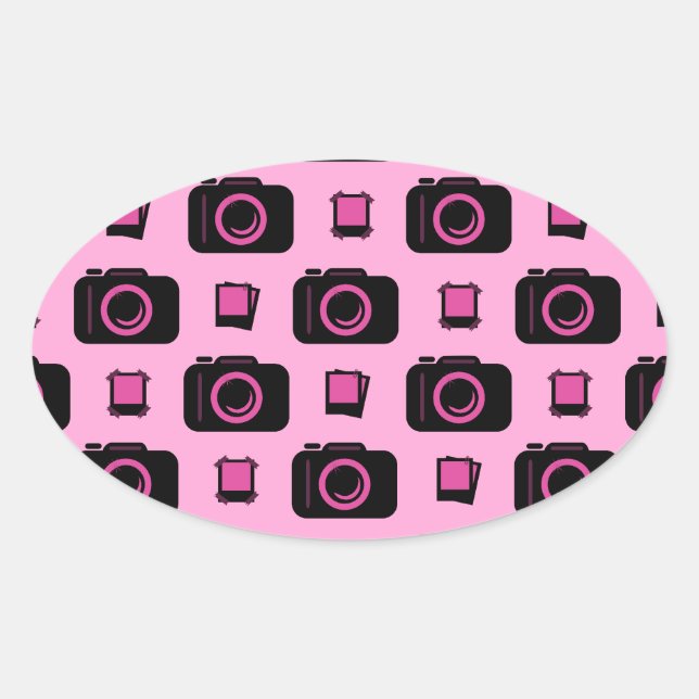 Cute Retro Style Pink Black Camera Pattern Oval Sticker (Front)