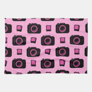 Cute Retro Style Pink Black Camera Pattern Tea Towel