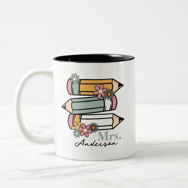 Cute Retro Teacher Pencils Personised  Two-Tone Coffee Mug (Left)