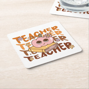 Cute Retro Teacher Pumpkin Halloween Square Paper Coaster