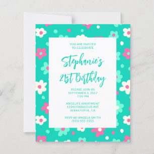 Cute Retro Teal Floral Bold 21st Birthday