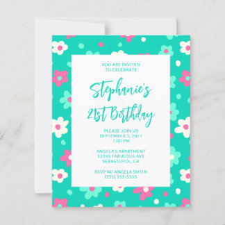 Cute Retro Teal Floral Bold 21st Birthday