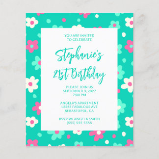 Cute Retro Teal Floral Bold 21st Birthday Flyer