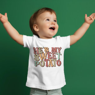 Cute Retro Thanksgiving "He Is My Sweet Potato" Baby T-Shirt