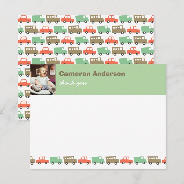 Cute Retro Transport Boys Toys Kids Birthday Photo Thank You Card (Front/Back)