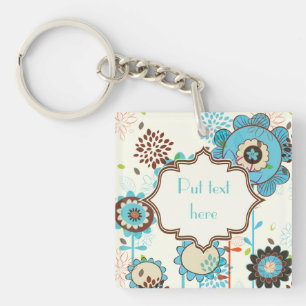 Cute retro turquoise blue floral pattern custom key ring