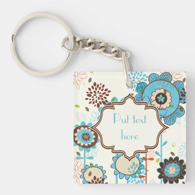 Cute retro turquoise blue floral pattern custom key ring (Front)