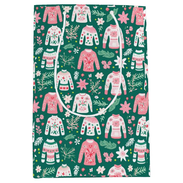Cute Retro Ugly Sweater Pink and Green Fun Medium Gift Bag (Front)