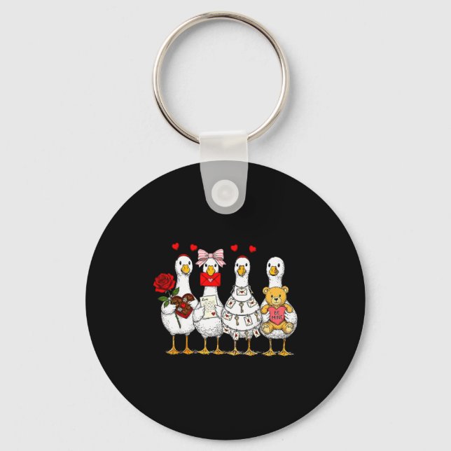Cute Retro Valentine Silly Gooses Duck Love Couple Key Ring (Front)