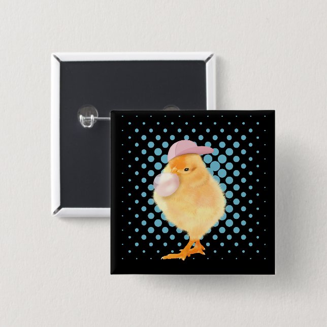 Cute Retro Vibes Chick Blowing Bubblegum Black 15 Cm Square Badge (Front & Back)