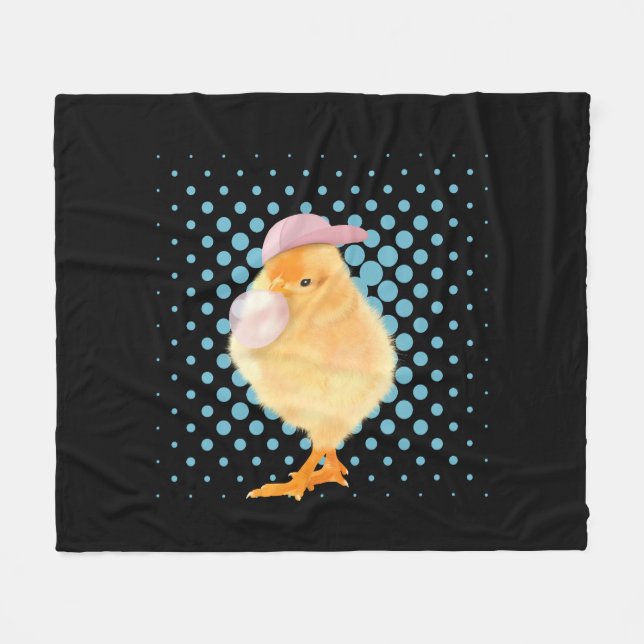 Cute Retro Vibes Chick Blowing Bubblegum Black Fleece Blanket (Front (Horizontal))