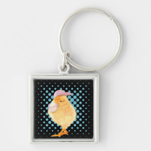 Cute Retro Vibes Chick Blowing Bubblegum Black Key Ring