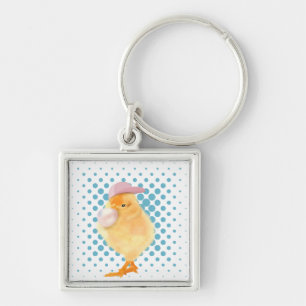 Cute Retro Vibes Chick Blowing Bubblegum White Key Ring