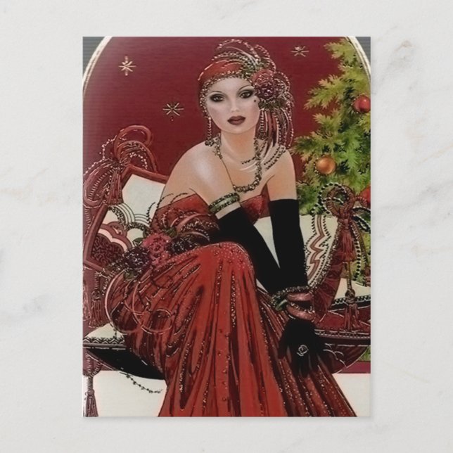 Cute retro vintage art deco lady holiday postcard (Front)